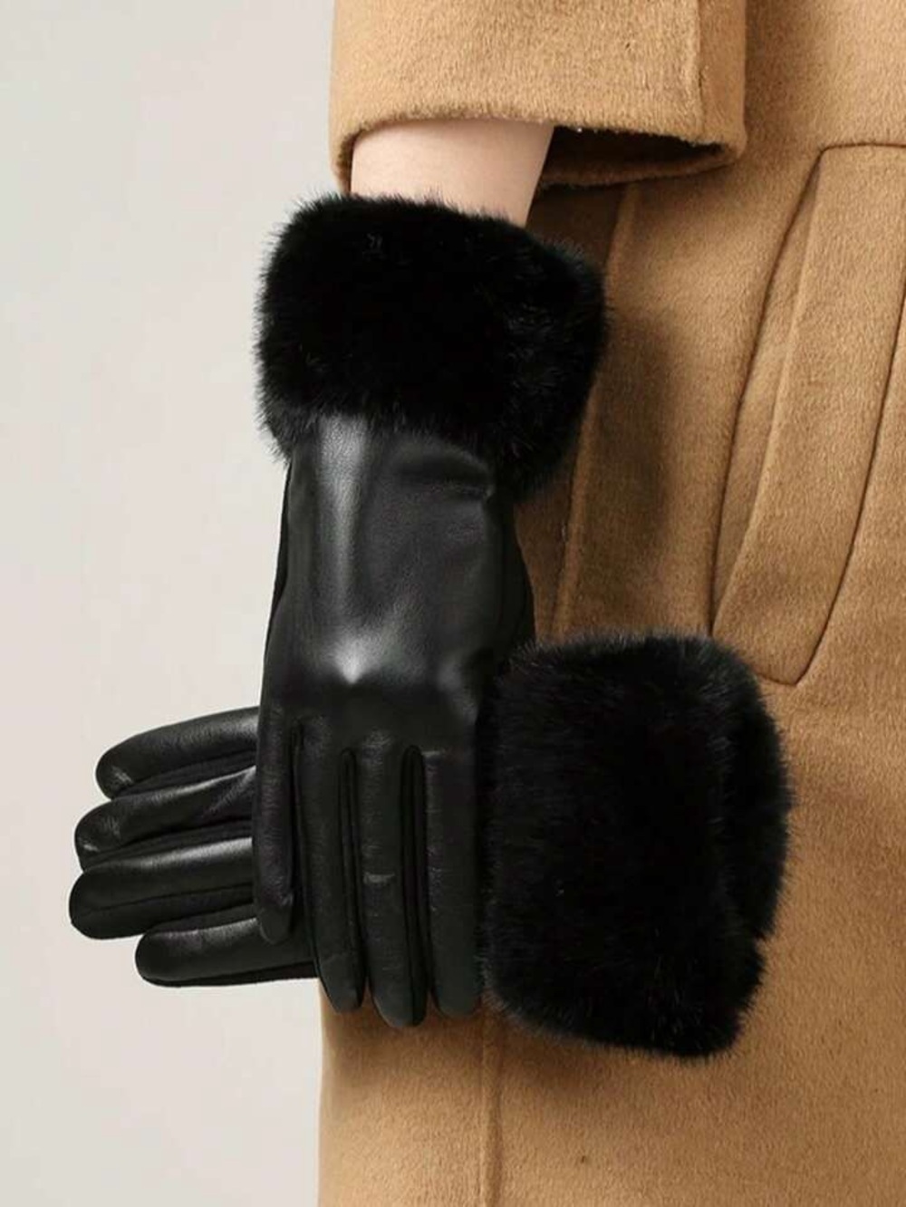 Black Faux Fur Trim Leather Gloves for Women